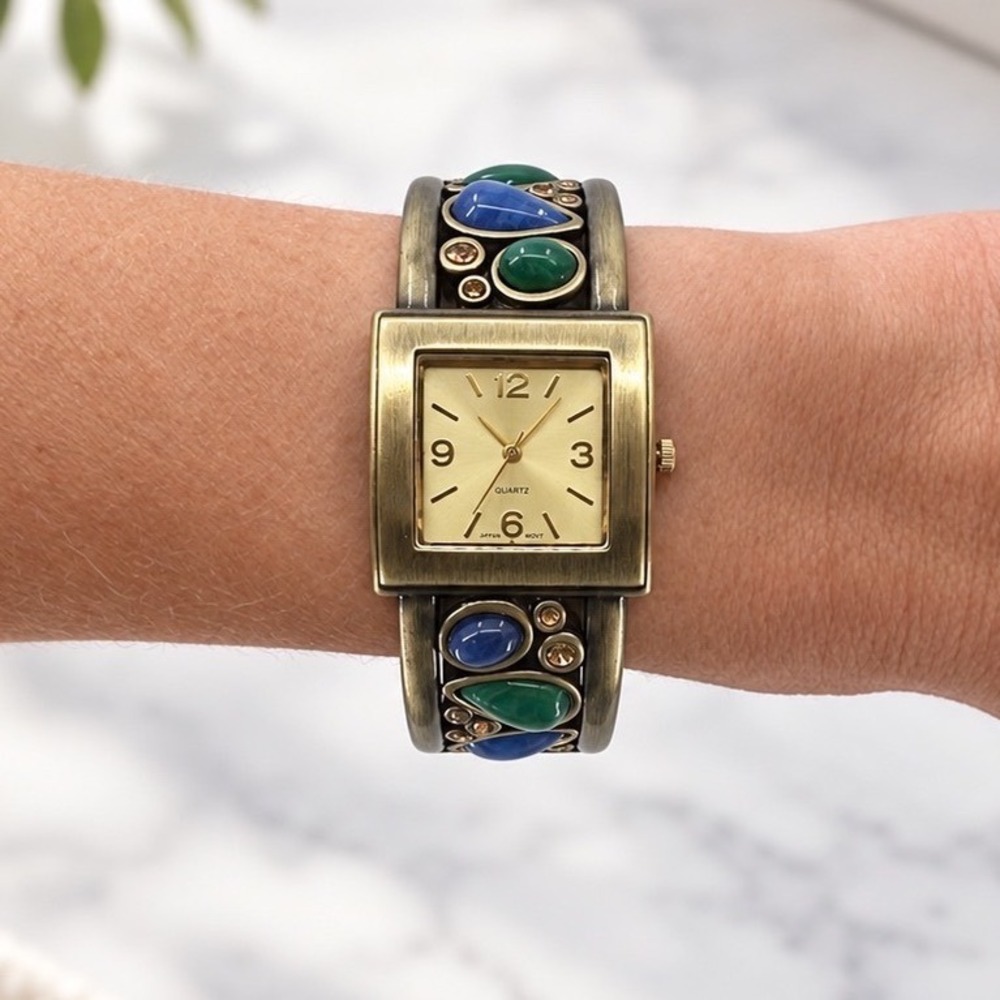 Vintage Womens Cuff Bracelet Watch Cabochon Gold Tone Square Face New Battery